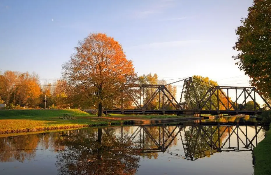 Railway bridge over Trent-Severn Waterway National Historic Site in Peterborough, Ontario, Canada