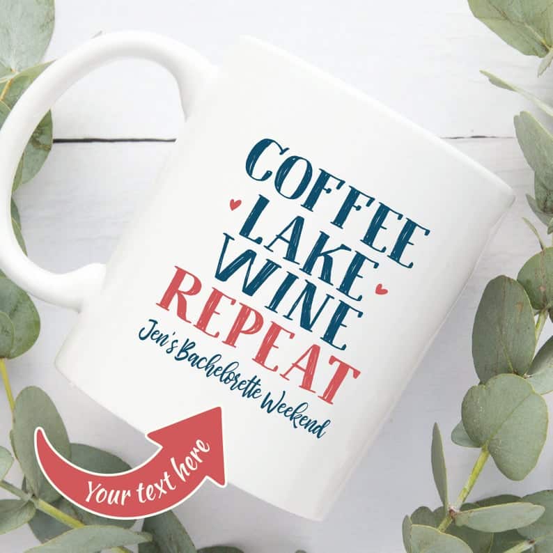 11 oz coffee mug with personalized coffee, lake, wine, repeat design