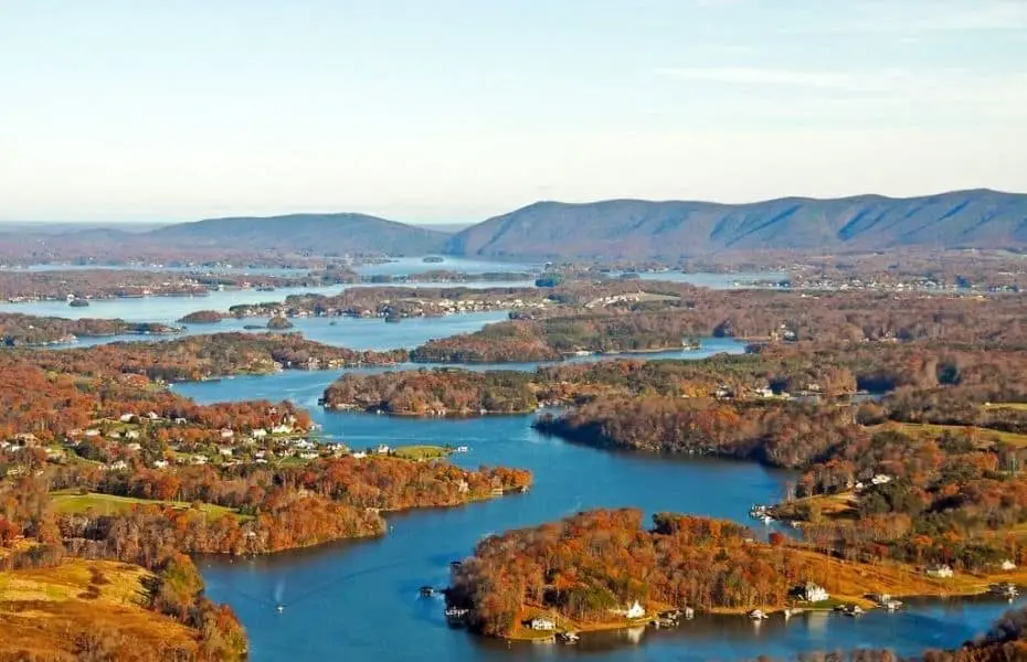 Aerial view of fall foliage at Smith Mountain Lake, Virginia
