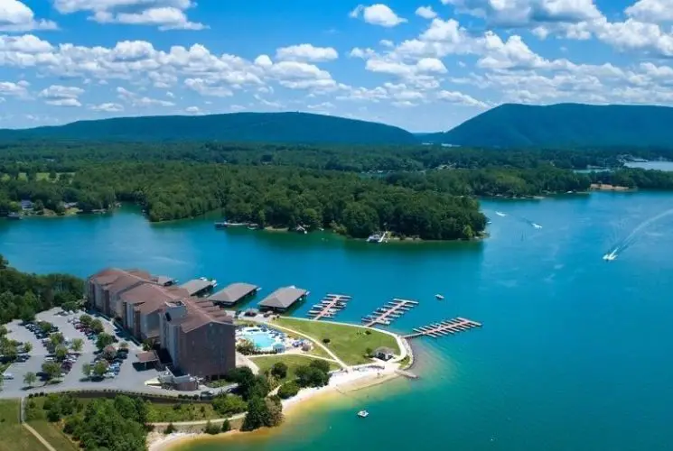 An aerial view of Smith Mountain, the lake and Mariners Landing Resort