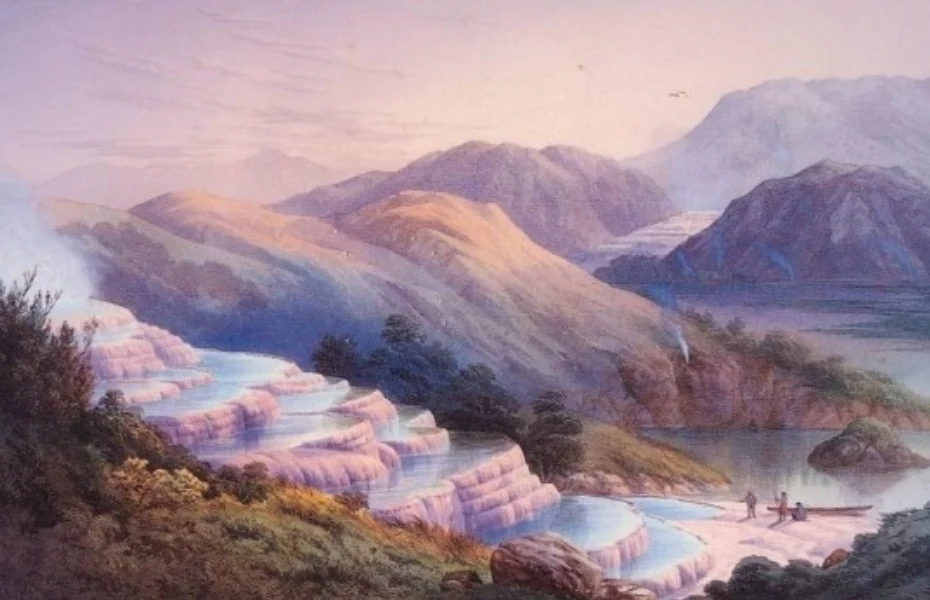 JC Hoyte's painting of the Pink and White Terraces in the 1870s, prior to the eruption of Mt Tarawera in 1886.