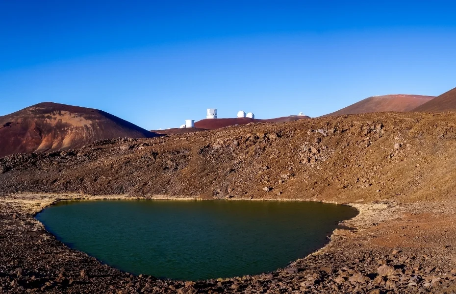 The barren landscape at Lake Waiau near the summit of Mauna Kea, Big Island, Hawaii